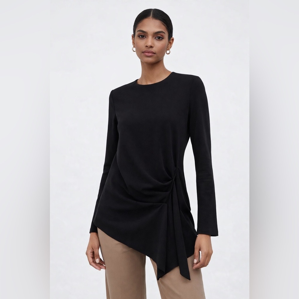 Zara Black Asymmetric Draped Long-Sleeve Top